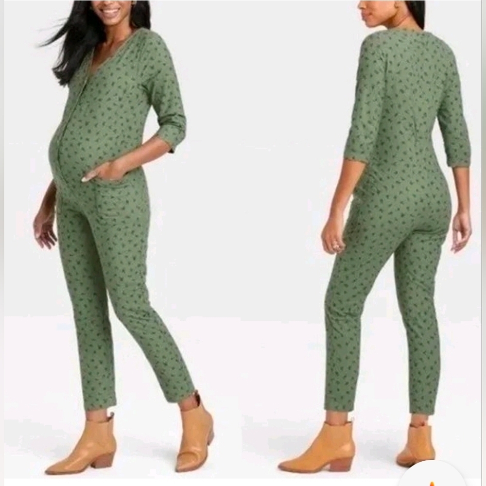 The Nines by HATCH Maternity 3/4 Sleeve Jumpsuit Floral Green Cotton Size Small